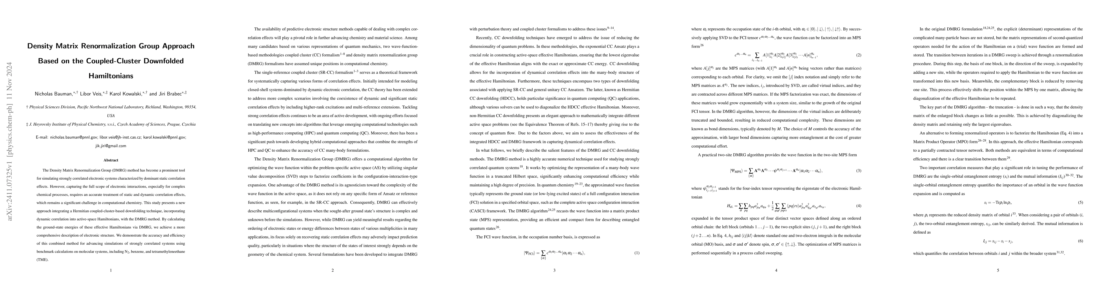 Thumbnail for Density Matrix Renormalization Group Approach Based on the
  Coupled-Cluster Downfolded Hamiltonians