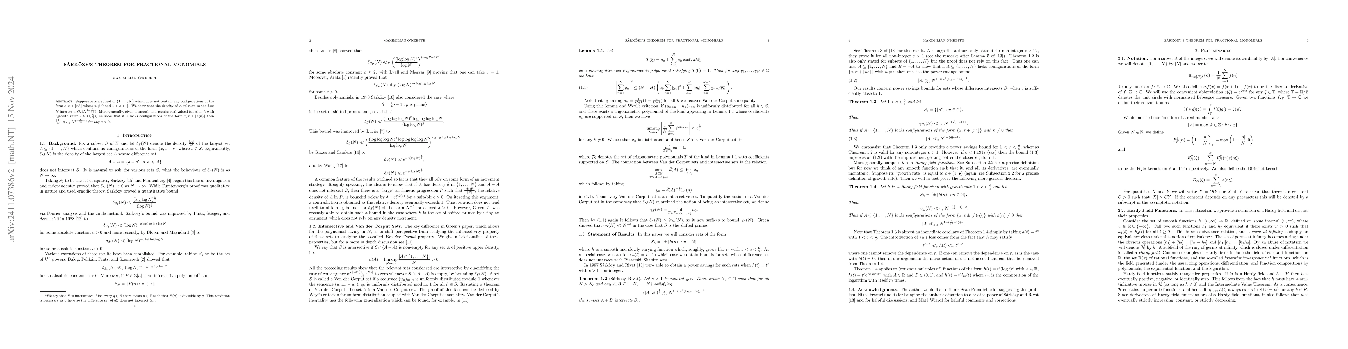 Thumbnail for Sárközy's Theorem for Fractional Monomials