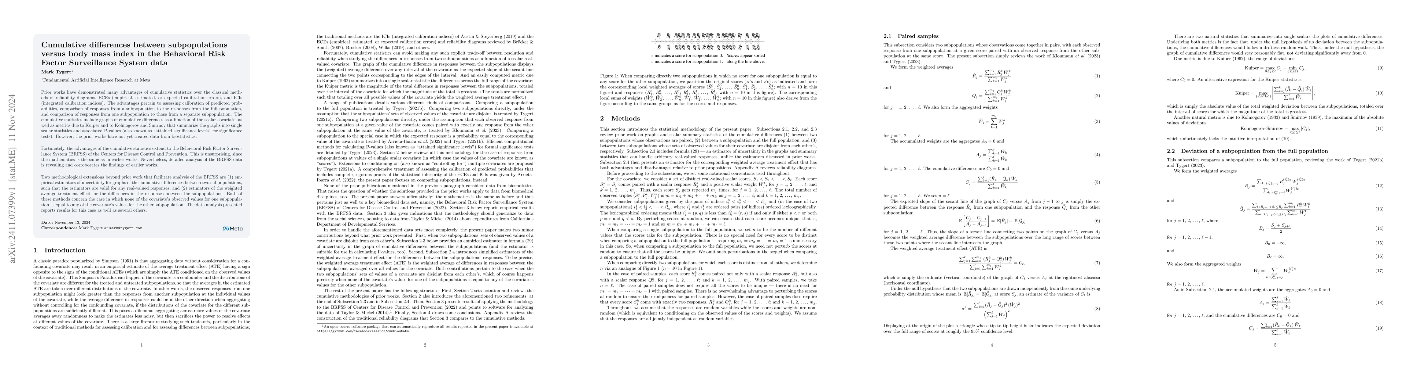Thumbnail for Cumulative differences between subpopulations versus body mass index in
  the Behavioral Risk Factor Surveillance System data