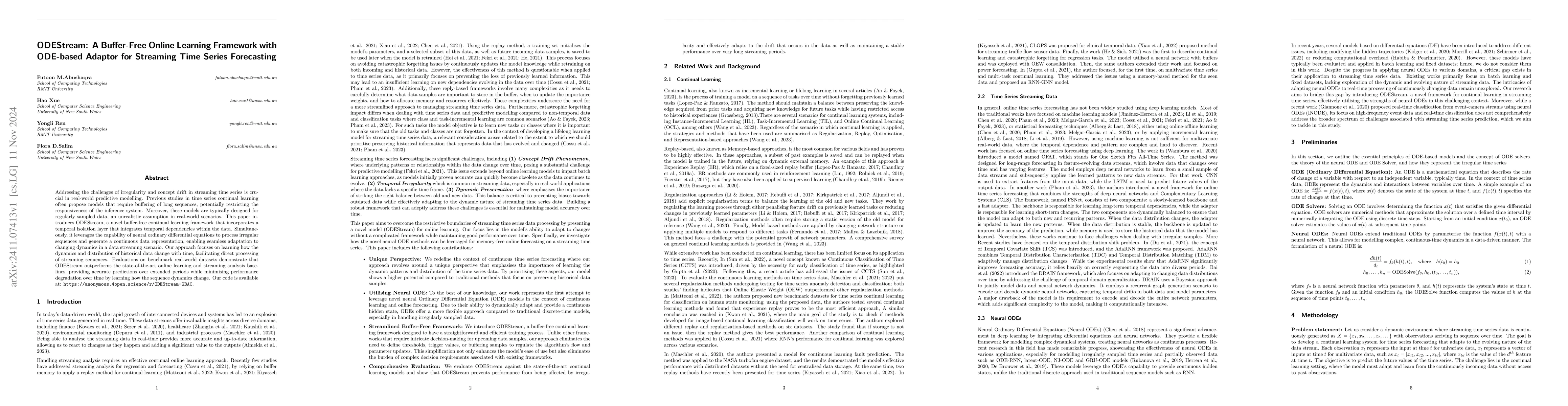 Thumbnail for ODEStream: A Buffer-Free Online Learning Framework with ODE-based
  Adaptor for Streaming Time Series Forecasting