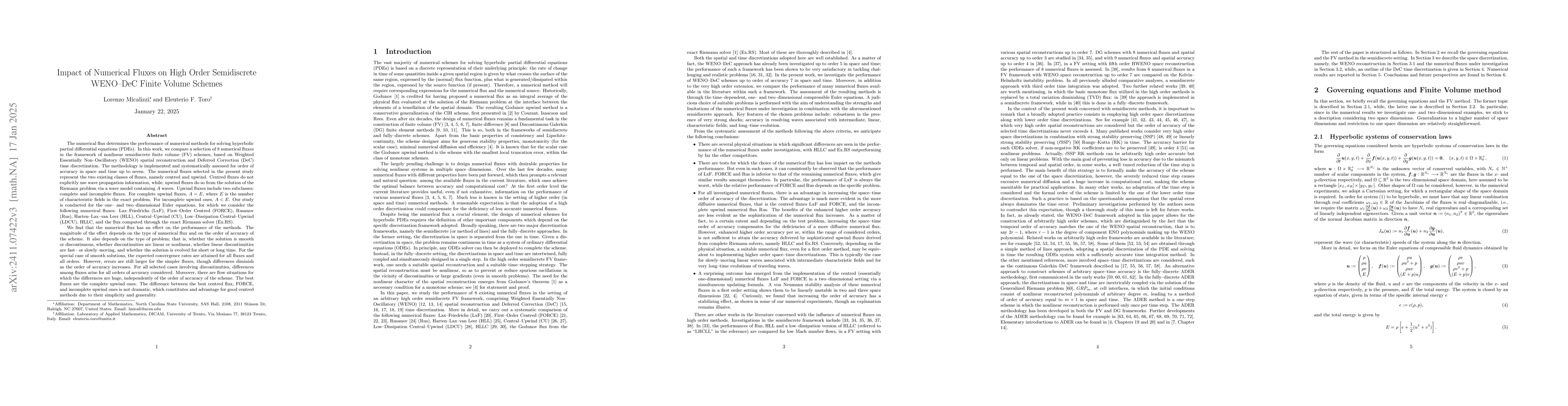 Thumbnail for Impact of Numerical Fluxes on High Order Semidiscrete WENO-DeC Finite
  Volume Schemes