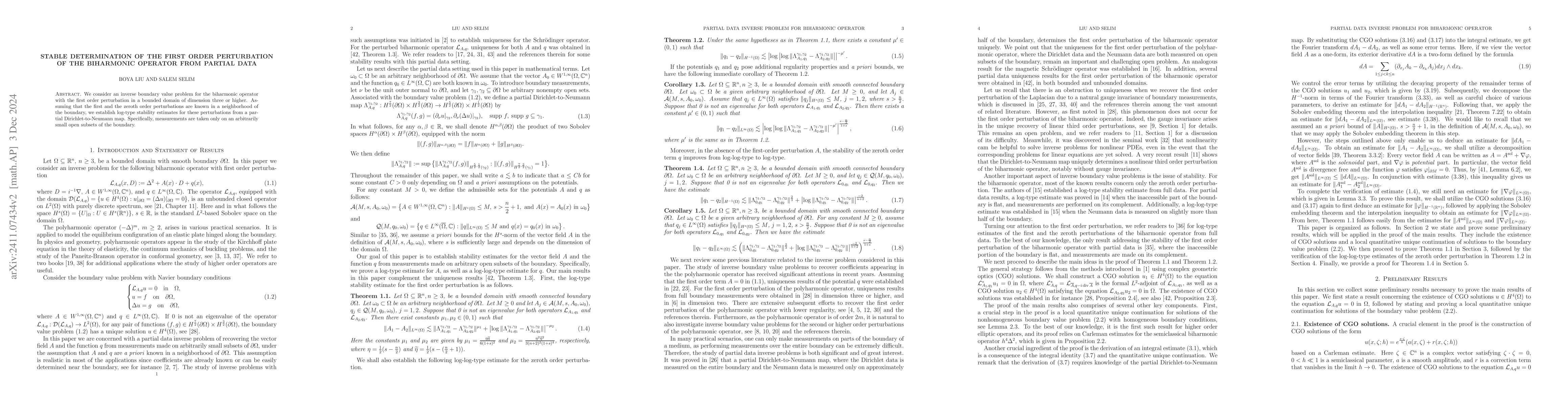 Thumbnail for Stable determination of the first order perturbation of the biharmonic
  operator from partial data