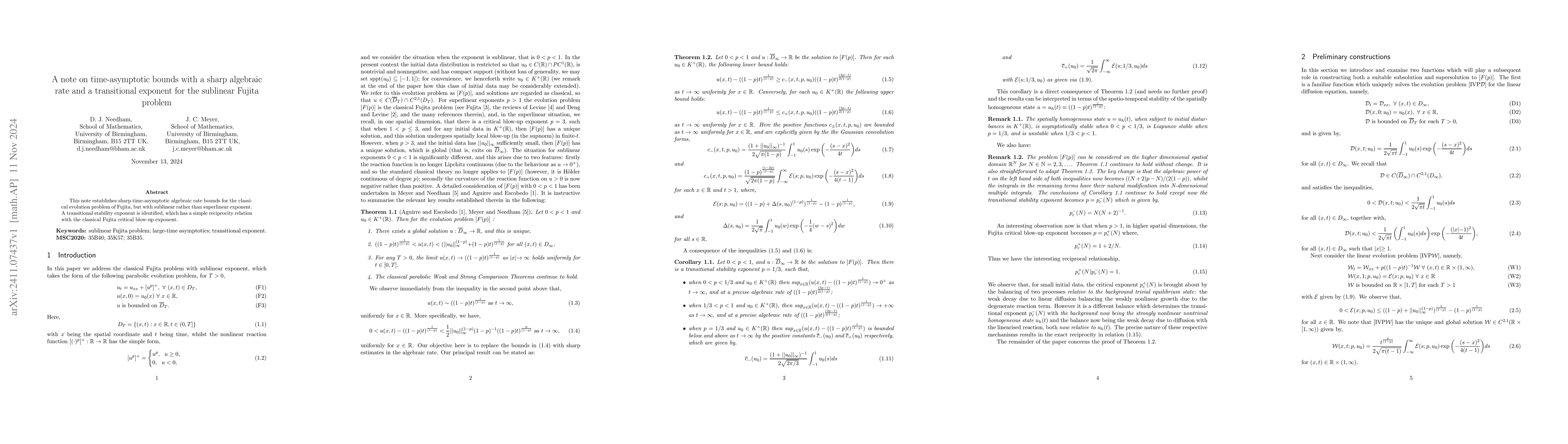 Thumbnail for A note on time-asymptotic bounds with a sharp algebraic rate and a
  transitional exponent for the sublinear Fujita problem