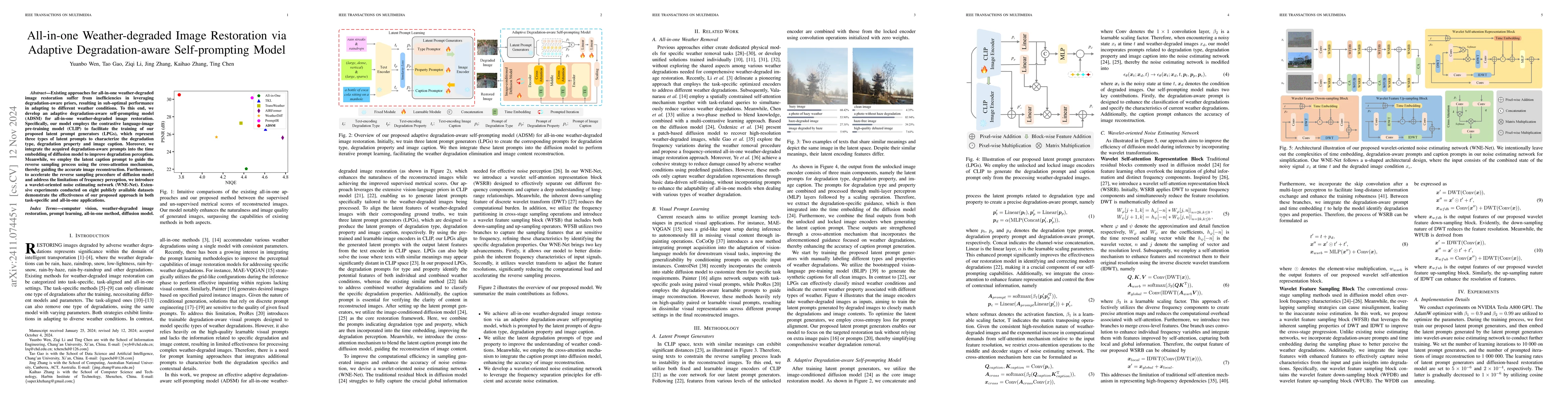 Thumbnail for All-in-one Weather-degraded Image Restoration via Adaptive
  Degradation-aware Self-prompting Model