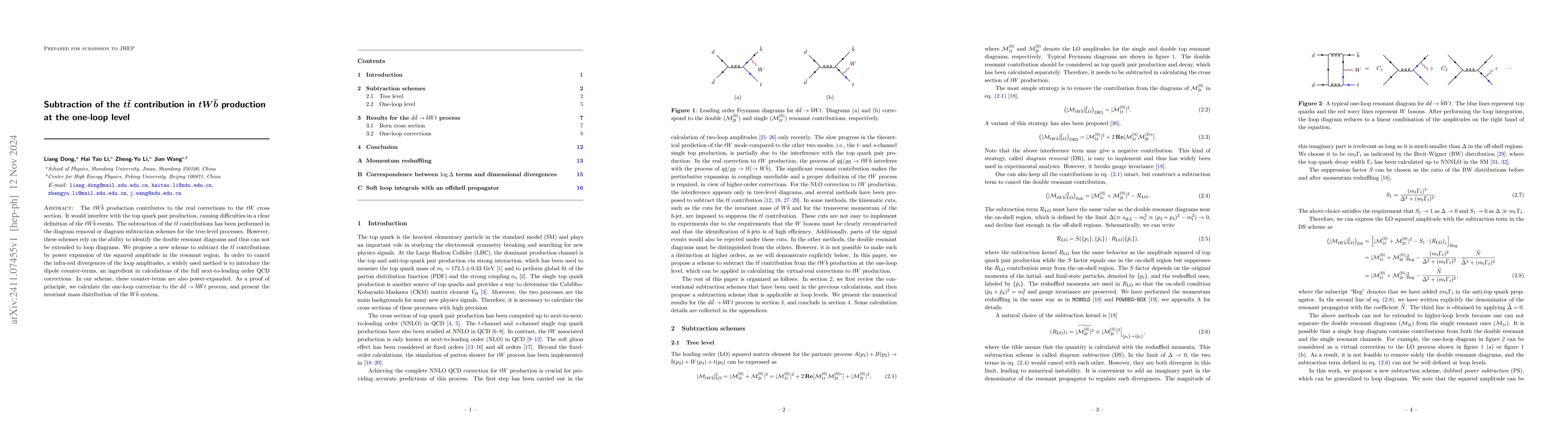 Thumbnail for Subtraction of the $t\bar{t}$ contribution in $tW\bar{b}$ production at
  the one-loop level