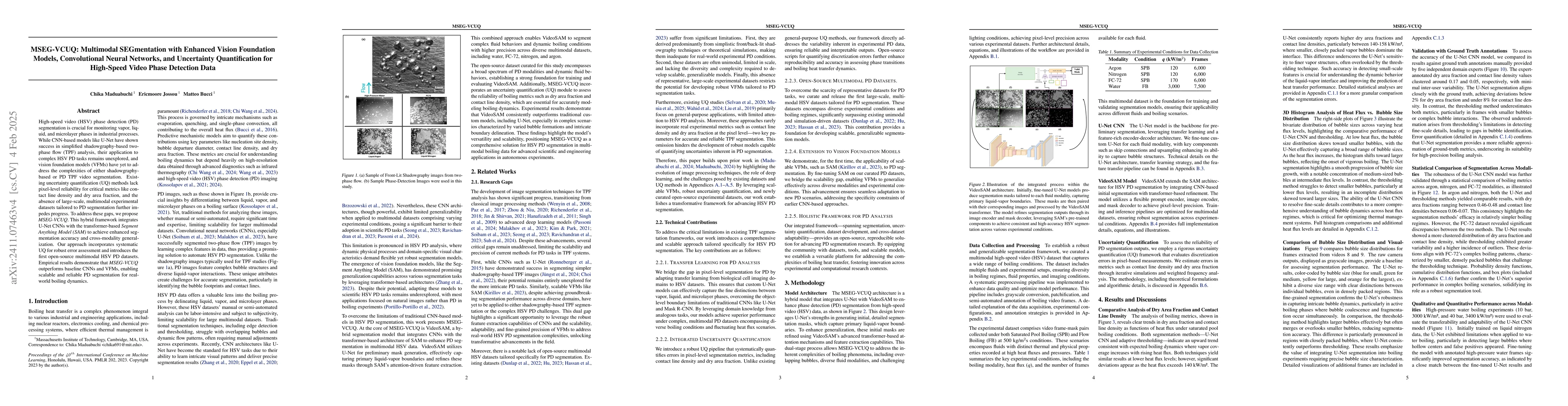 Thumbnail for MSEG-VCUQ: Multimodal SEGmentation with Enhanced Vision Foundation
  Models, Convolutional Neural Networks, and Uncertainty Quantification for
  High-Speed Video Phase Detection Data