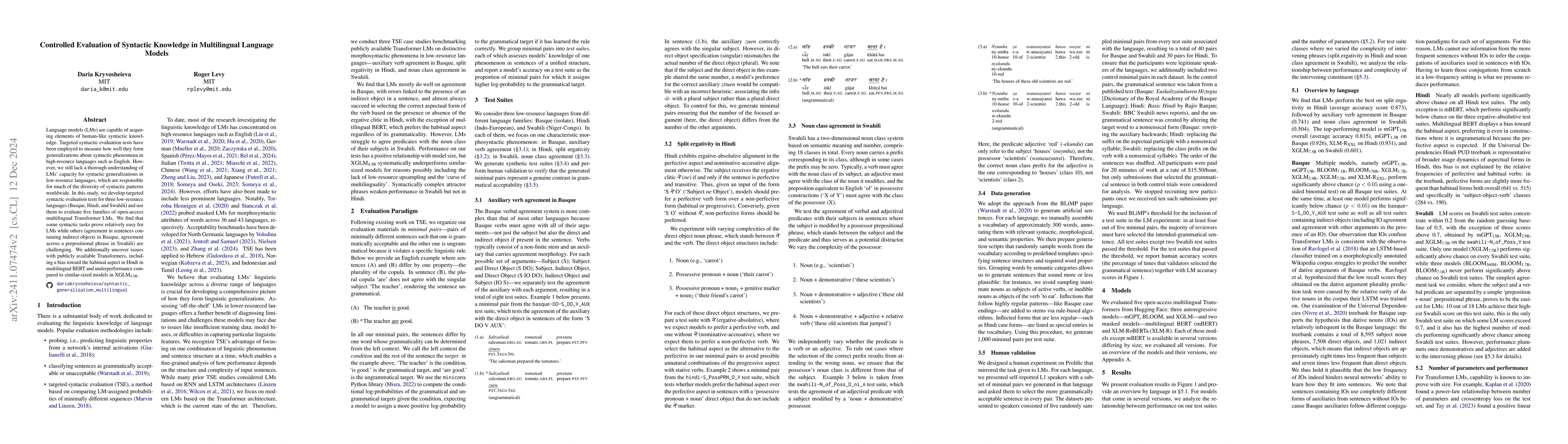 Thumbnail for Controlled Evaluation of Syntactic Knowledge in Multilingual Language
  Models