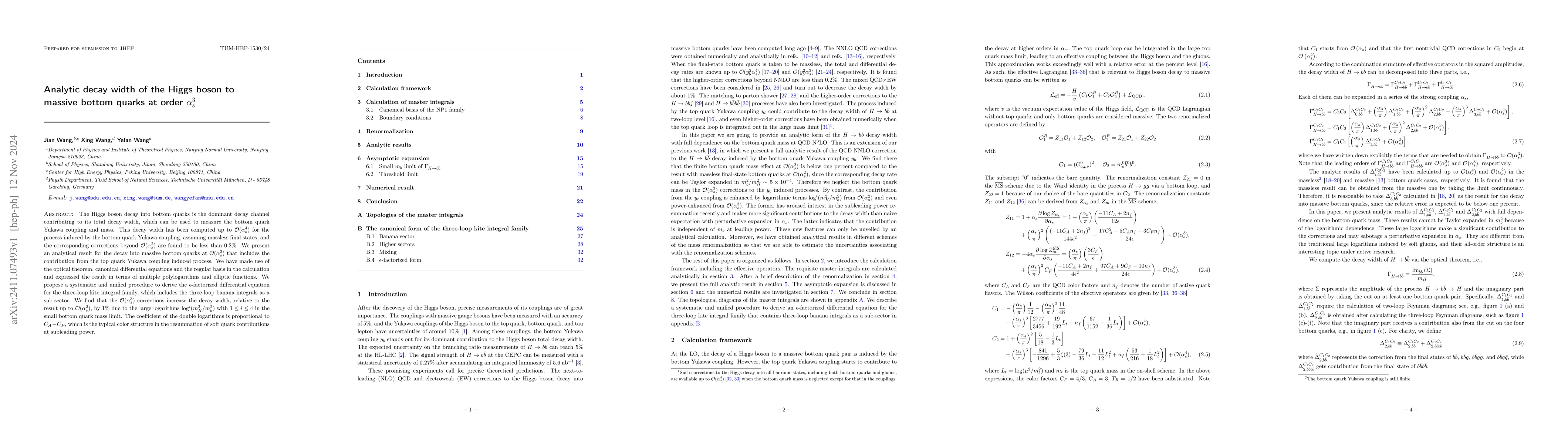 Thumbnail for Analytic decay width of the Higgs boson to massive bottom quarks at
  order $α_s^3$