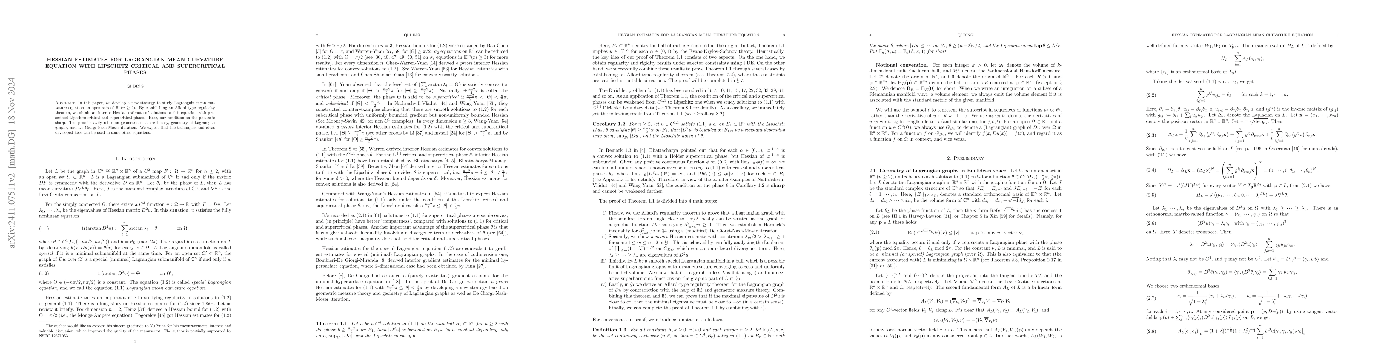 Thumbnail for Hessian estimates for Lagrangian mean curvature equation with Lipschitz
  critical and supercritical phases