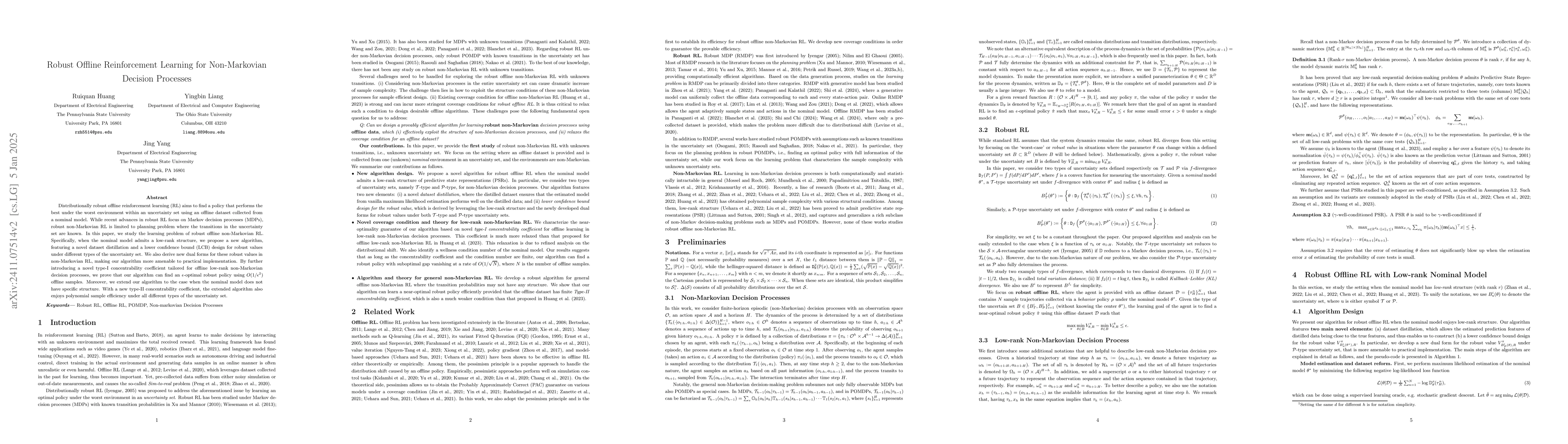 Thumbnail for Robust Offline Reinforcement Learning for Non-Markovian Decision
  Processes