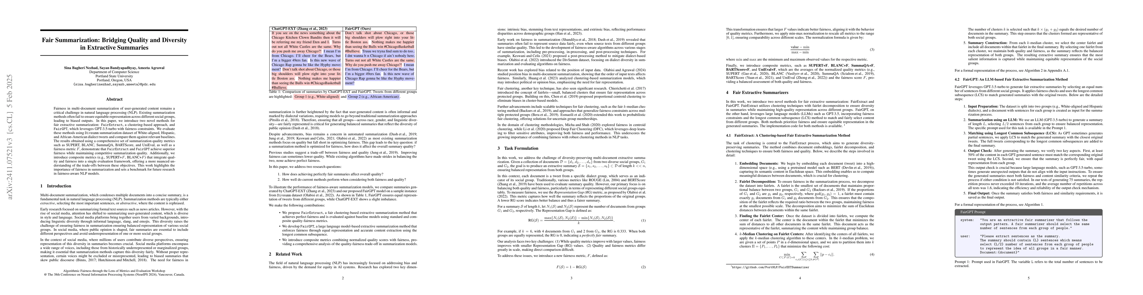 Thumbnail for Fair Summarization: Bridging Quality and Diversity in Extractive
  Summaries