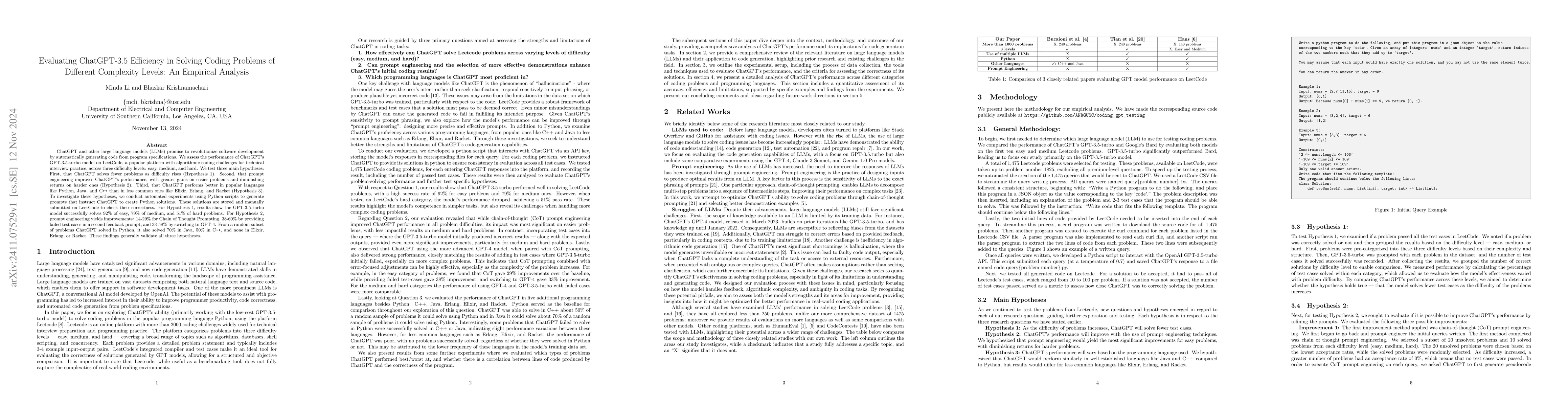 Thumbnail for Evaluating ChatGPT-3.5 Efficiency in Solving Coding Problems of
  Different Complexity Levels: An Empirical Analysis