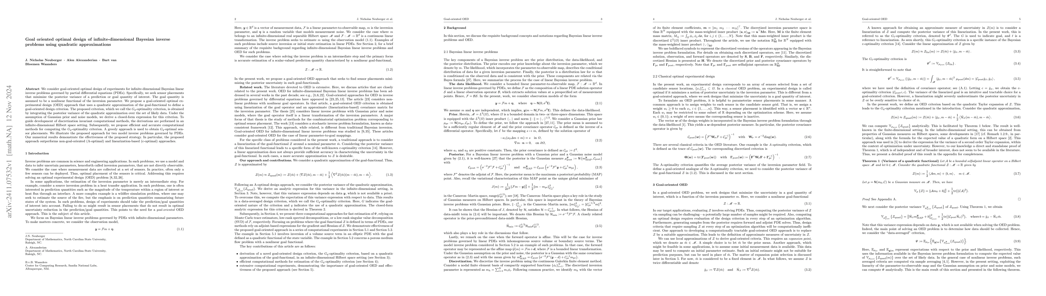 Thumbnail for Goal oriented optimal design of infinite-dimensional Bayesian inverse
  problems using quadratic approximations