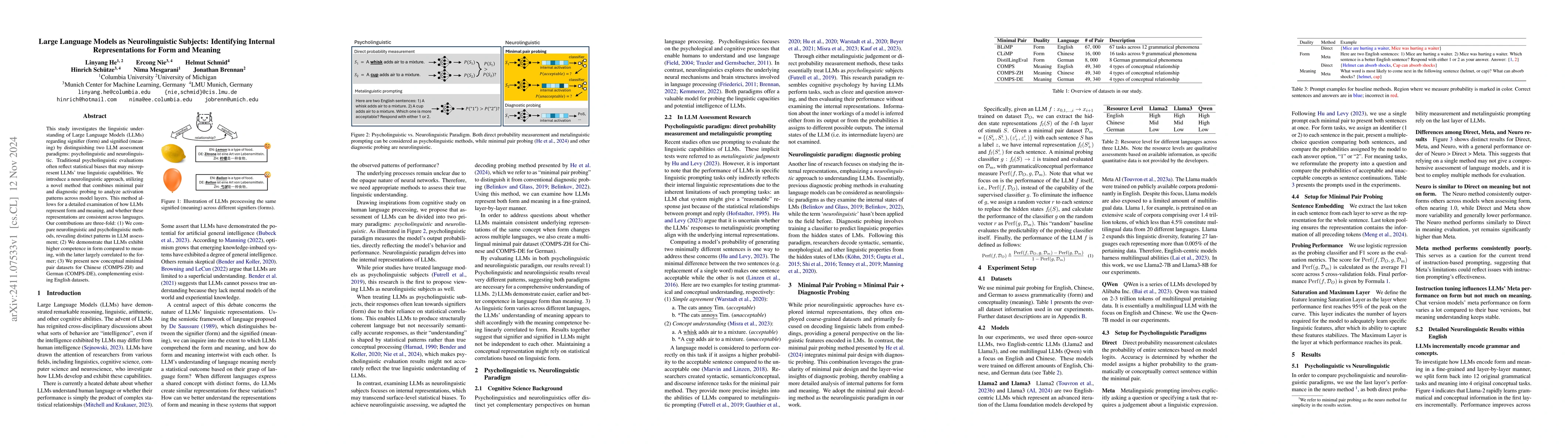 Thumbnail for Large Language Models as Neurolinguistic Subjects: Identifying Internal
  Representations for Form and Meaning