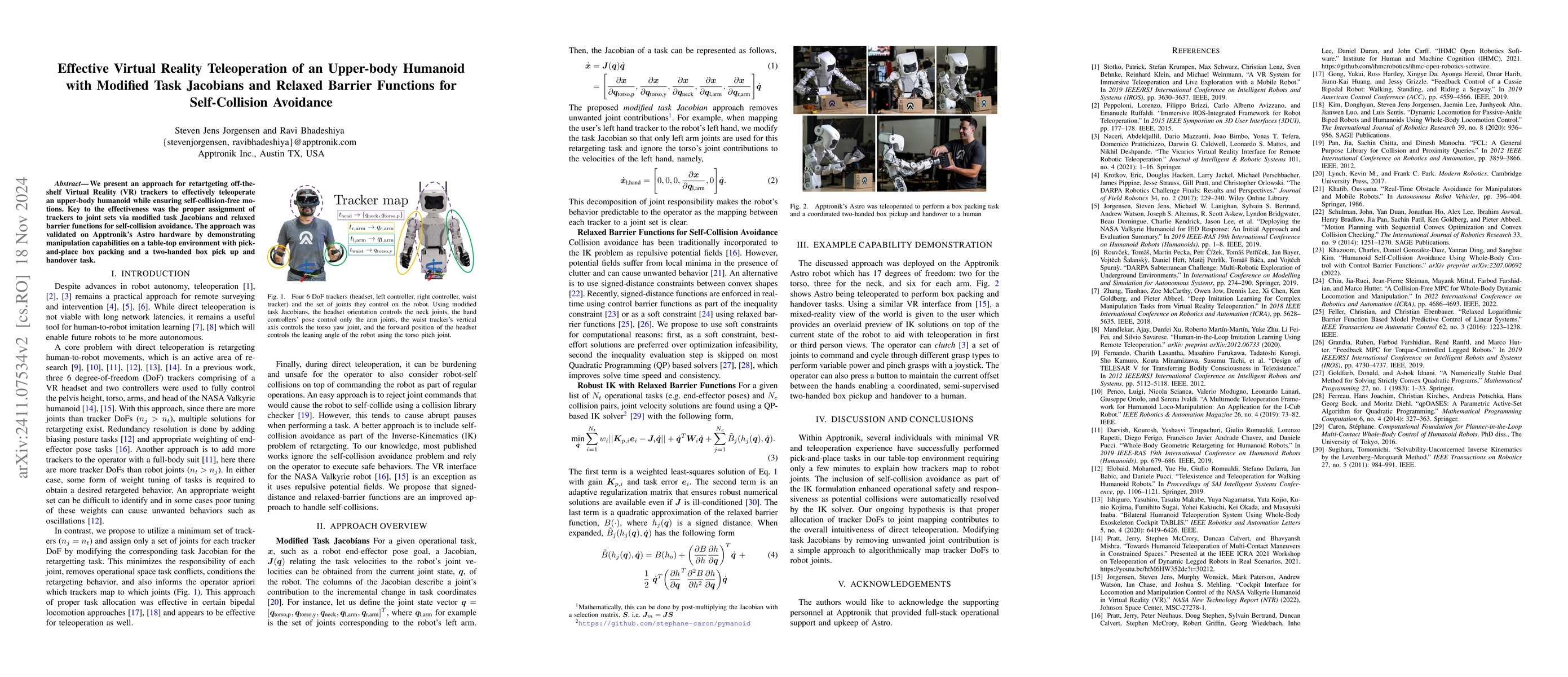 Thumbnail for Effective Virtual Reality Teleoperation of an Upper-body Humanoid with
  Modified Task Jacobians and Relaxed Barrier Functions for Self-Collision
  Avoidance