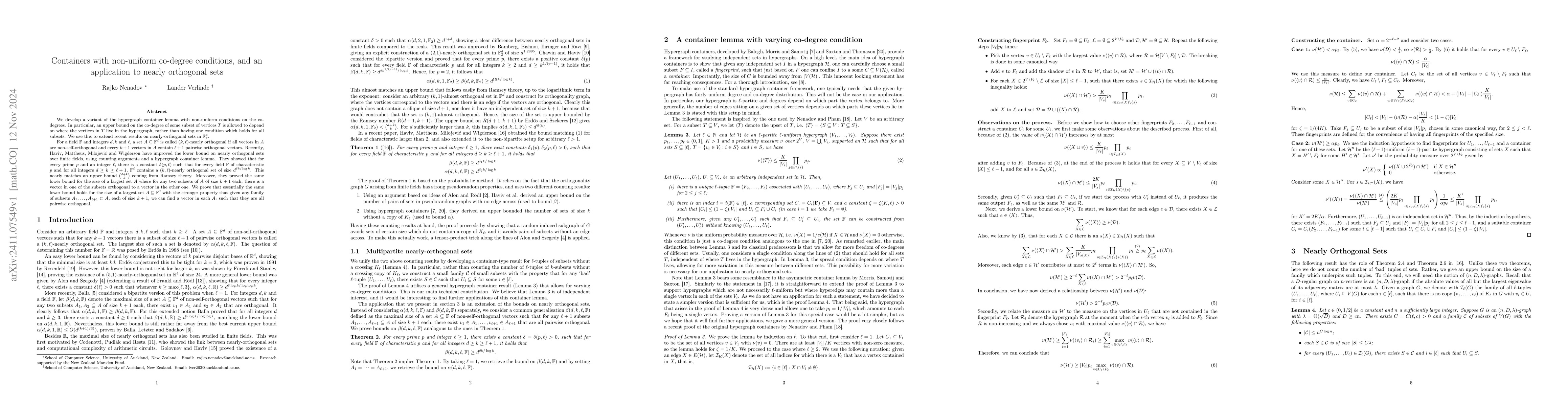 Thumbnail for Containers with non-uniform co-degree conditions, and an application to
  nearly orthogonal sets