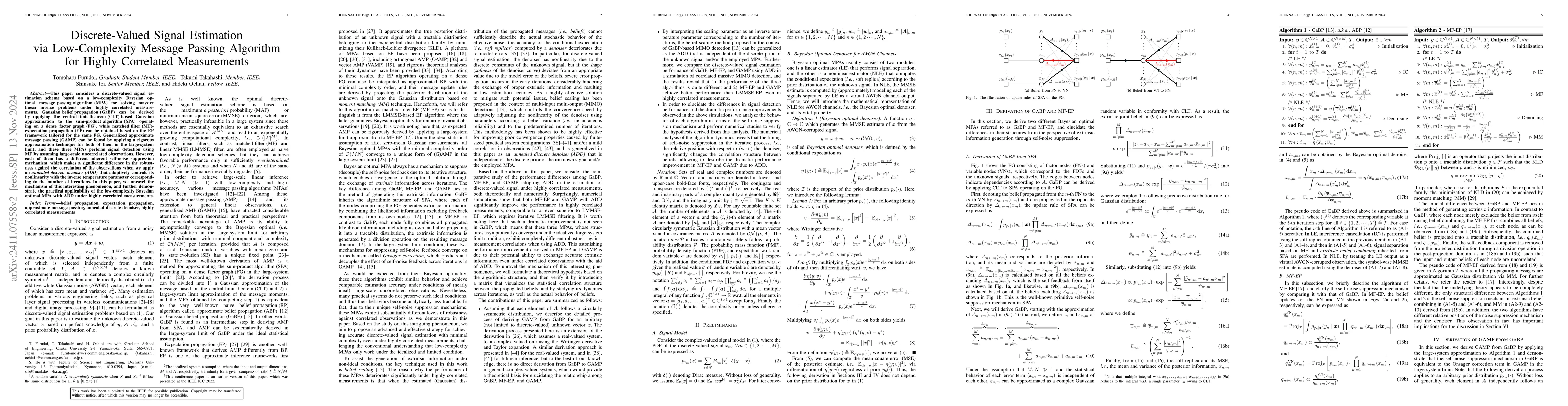 Thumbnail for Discrete-Valued Signal Estimation via Low-Complexity Message Passing
  Algorithm for Highly Correlated Measurements