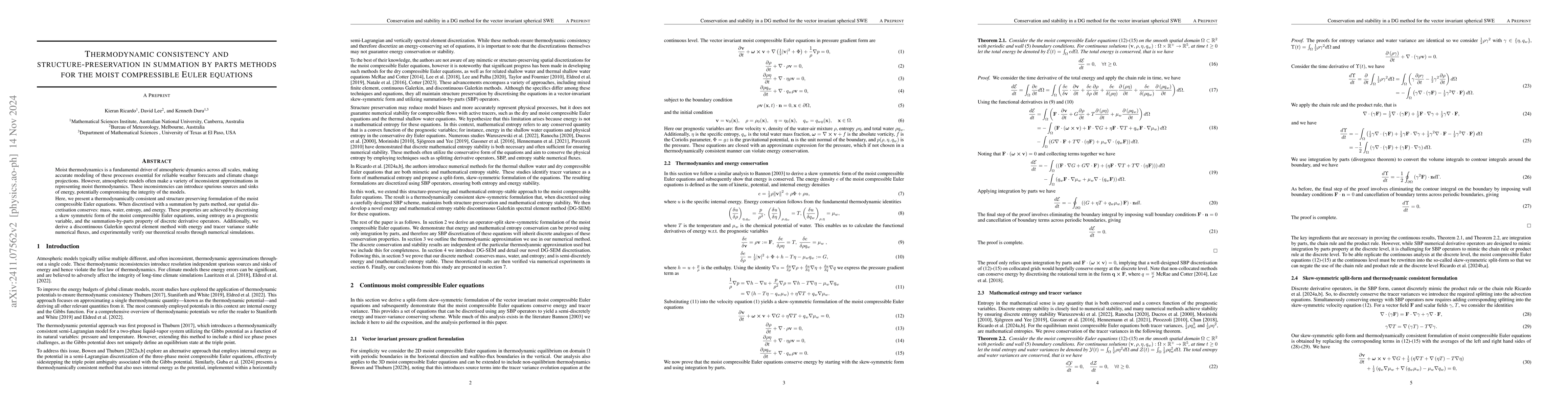Thumbnail for Thermodynamic consistency and structure-preservation in summation by
  parts methods for the moist compressible Euler equations