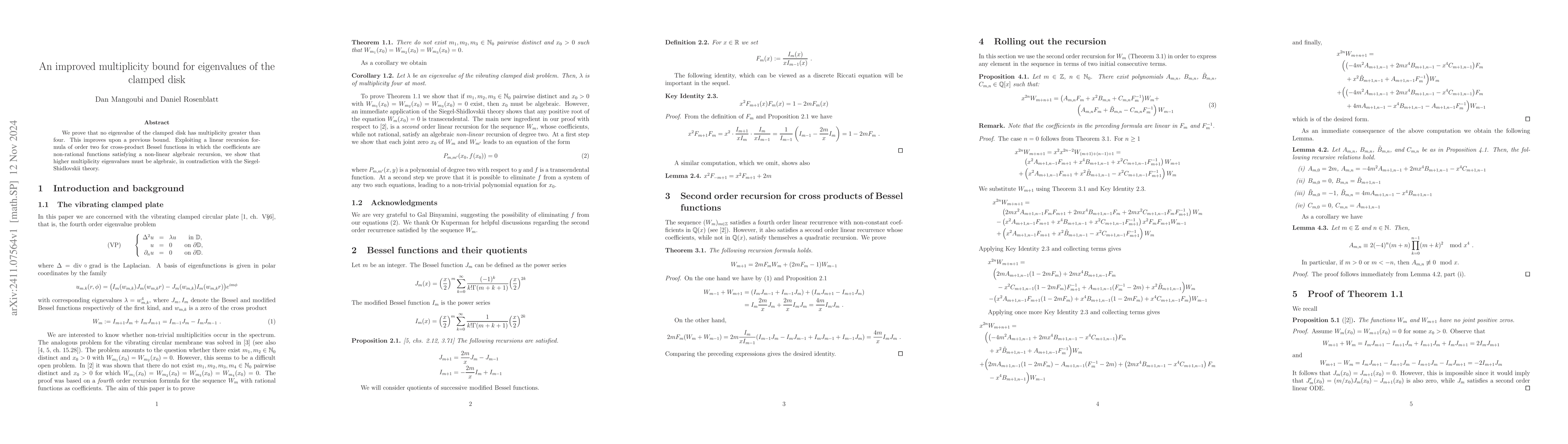 Thumbnail for An improved multiplicity bound for eigenvalues of the clamped disk
