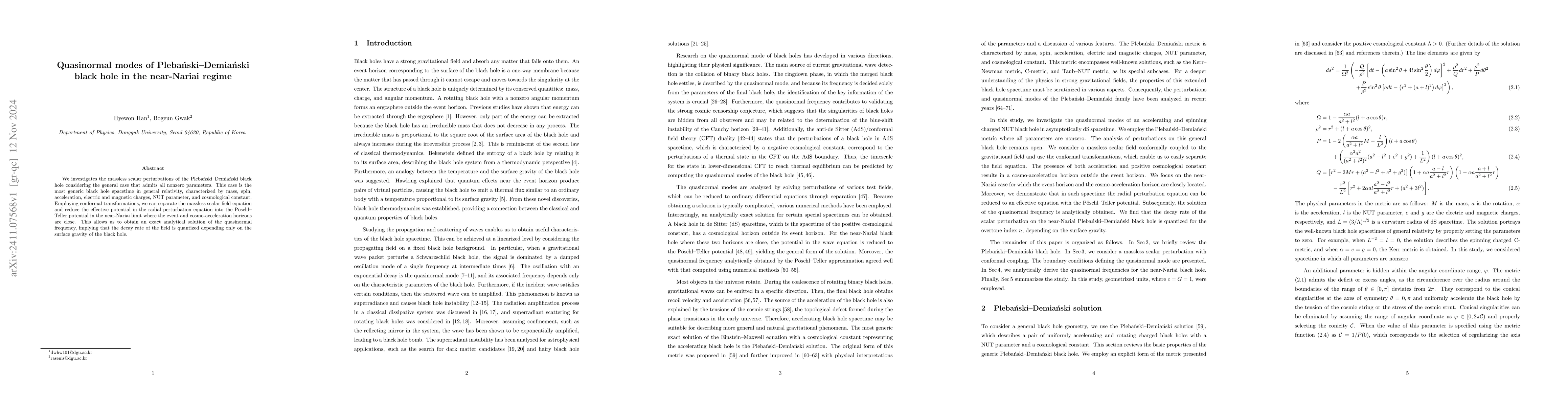 Thumbnail for Quasinormal modes of Plebański-Demiański black hole in the
  near-Nariai regime