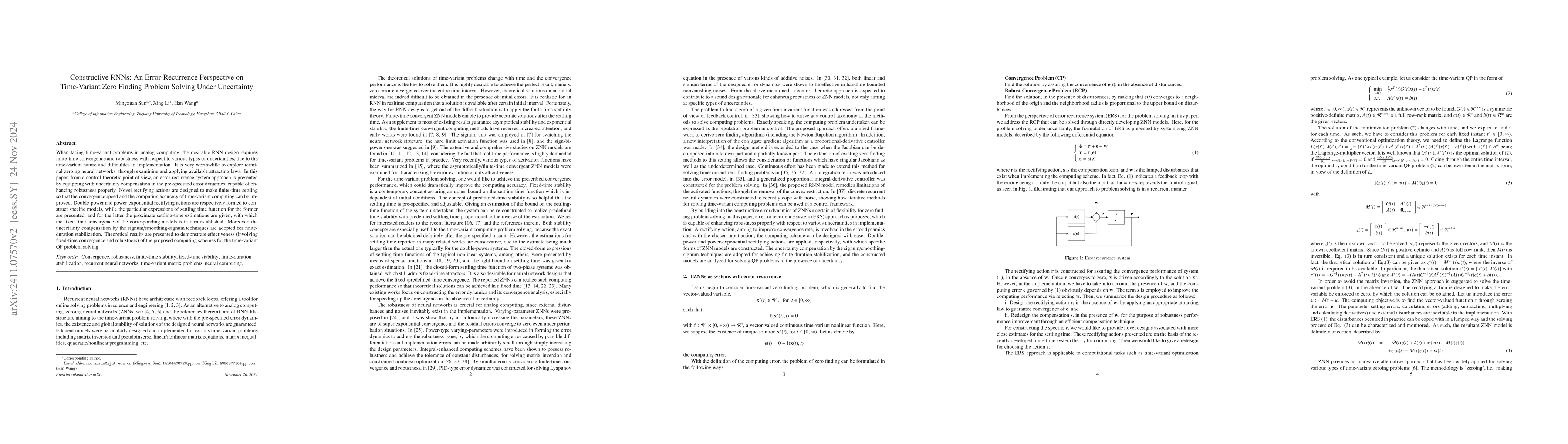 Thumbnail for Constructive RNNs: An Error-Recurrence Perspective on Time-Variant Zero
  Finding Problem Solving Under Uncertainty