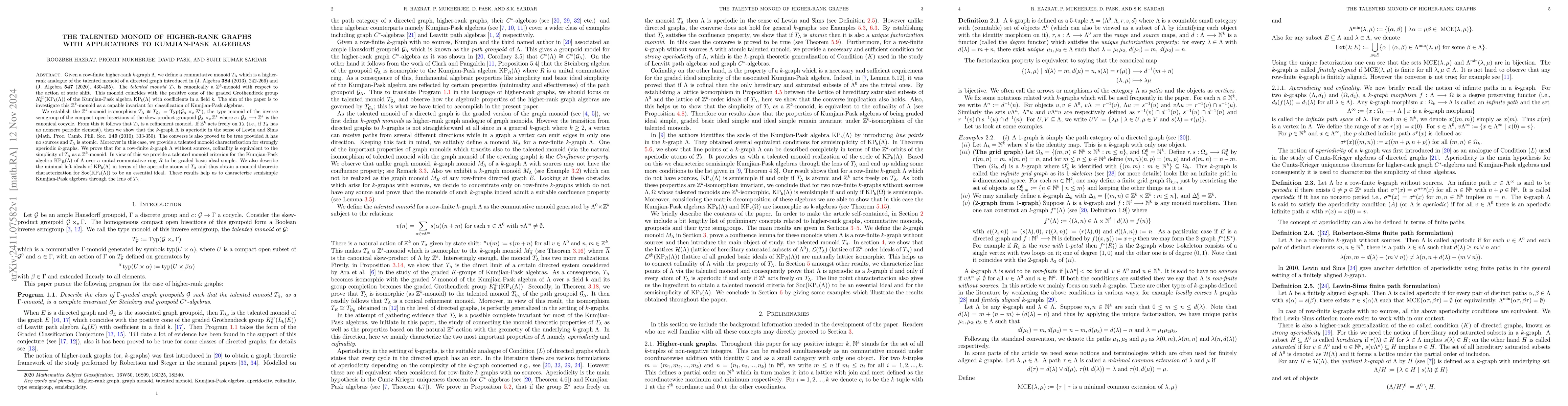 Thumbnail for The Talented Monoid of Higher-Rank Graphs with Applications to
  Kumjian-Pask Algebras