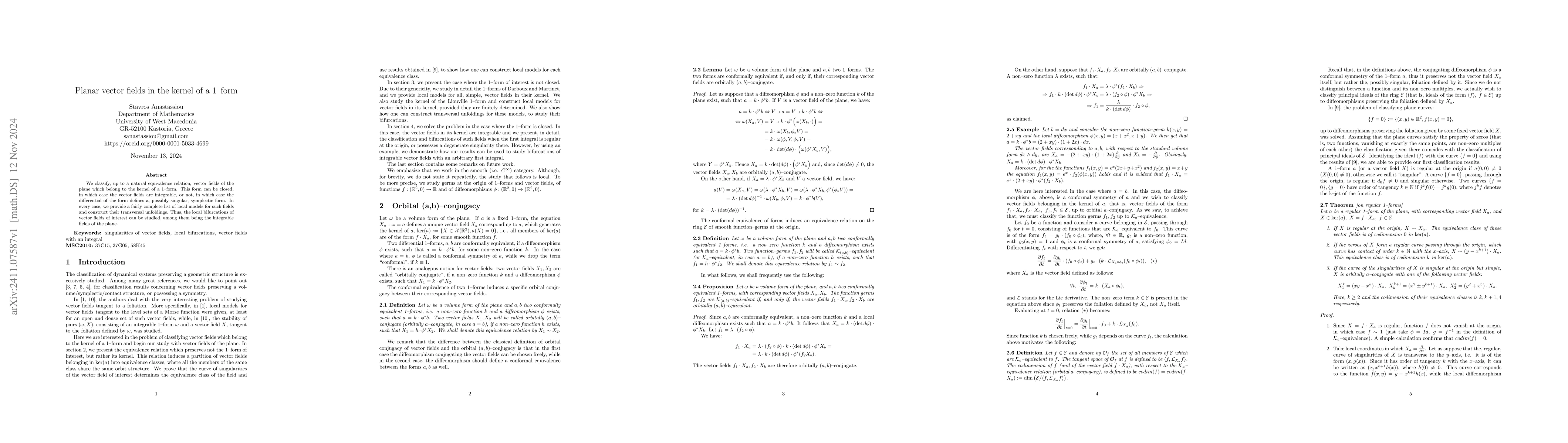 Thumbnail for Planar vector fields in the kernel of a 1--form