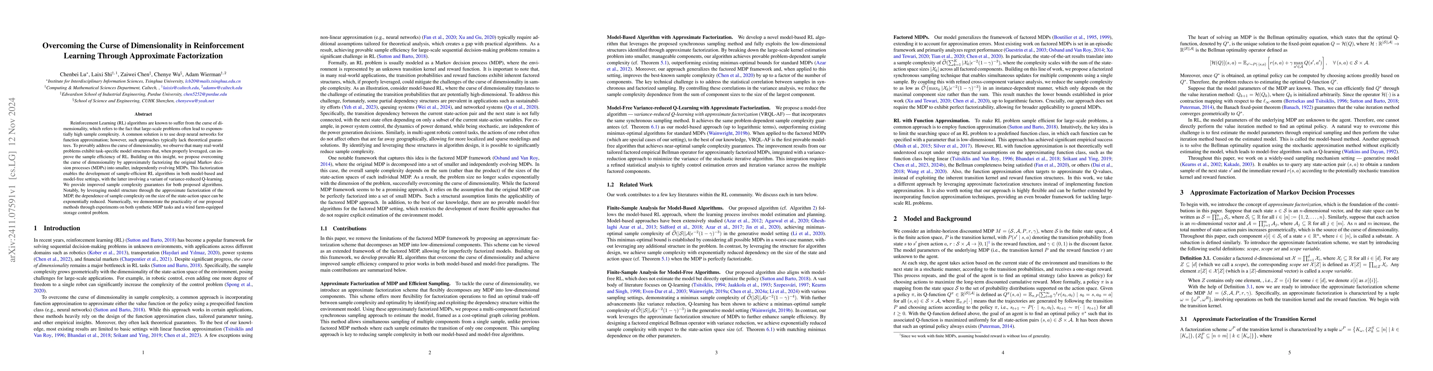 Thumbnail for Overcoming the Curse of Dimensionality in Reinforcement Learning Through
  Approximate Factorization