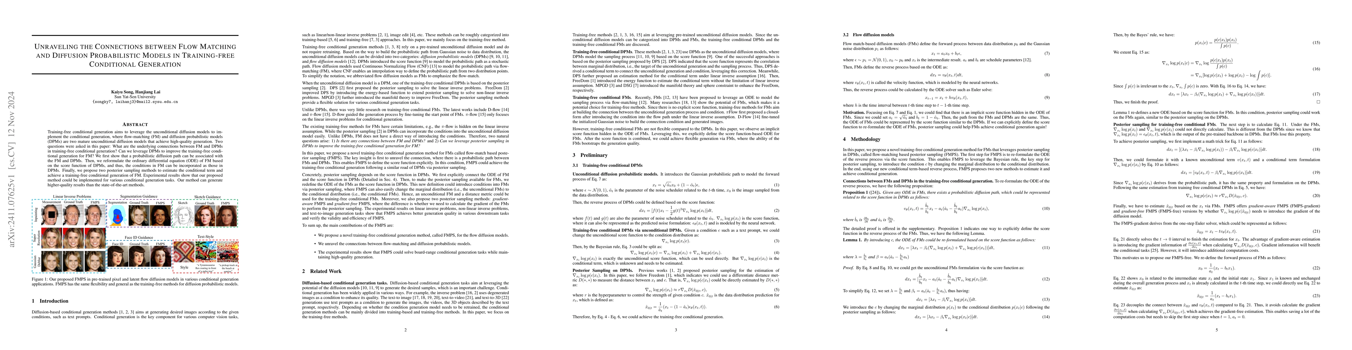 Thumbnail for Unraveling the Connections between Flow Matching and Diffusion
  Probabilistic Models in Training-free Conditional Generation