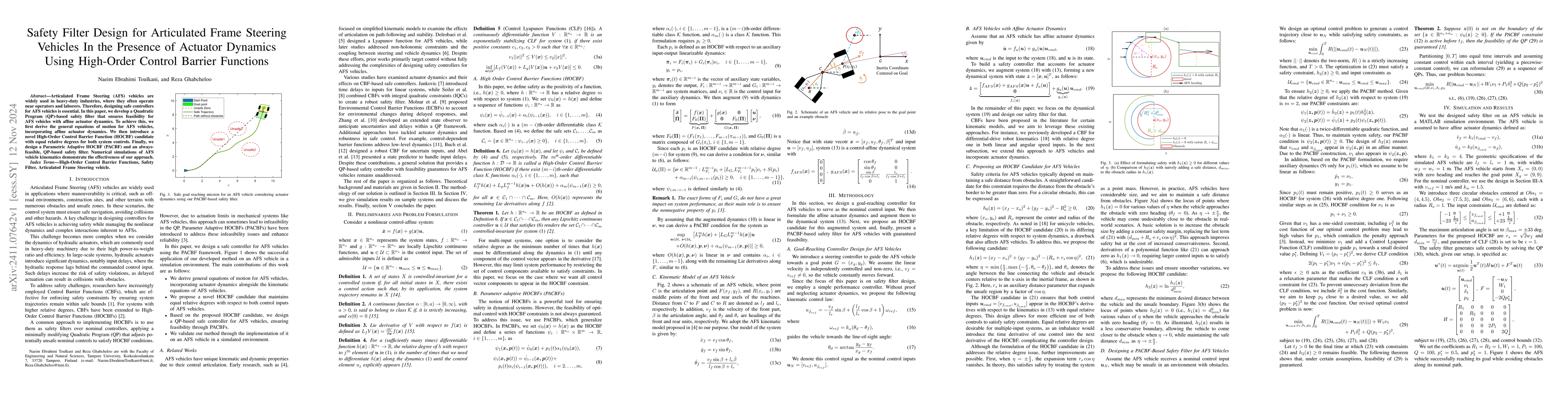 Thumbnail for Safety Filter Design for Articulated Frame Steering Vehicles In the
  Presence of Actuator Dynamics Using High-Order Control Barrier Functions