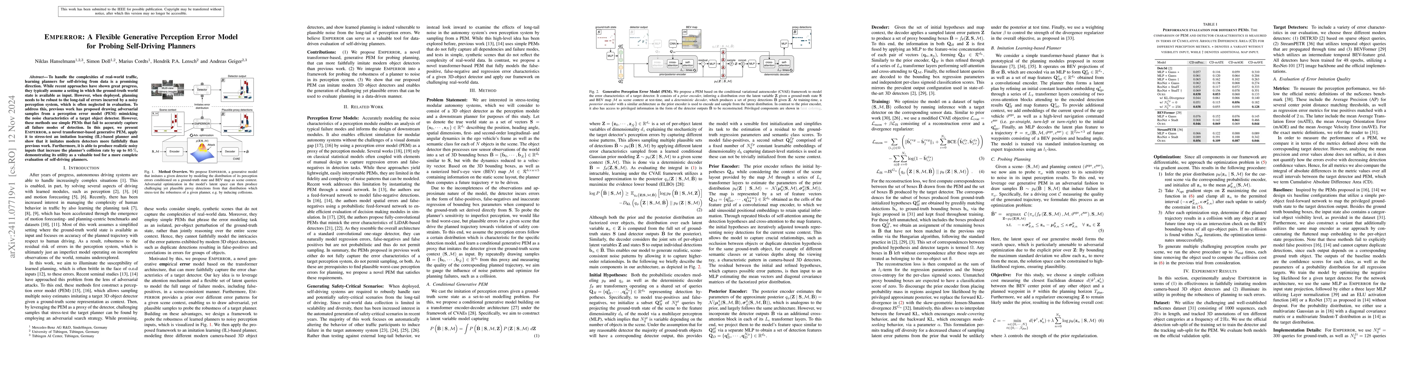 Thumbnail for EMPERROR: A Flexible Generative Perception Error Model for Probing
  Self-Driving Planners