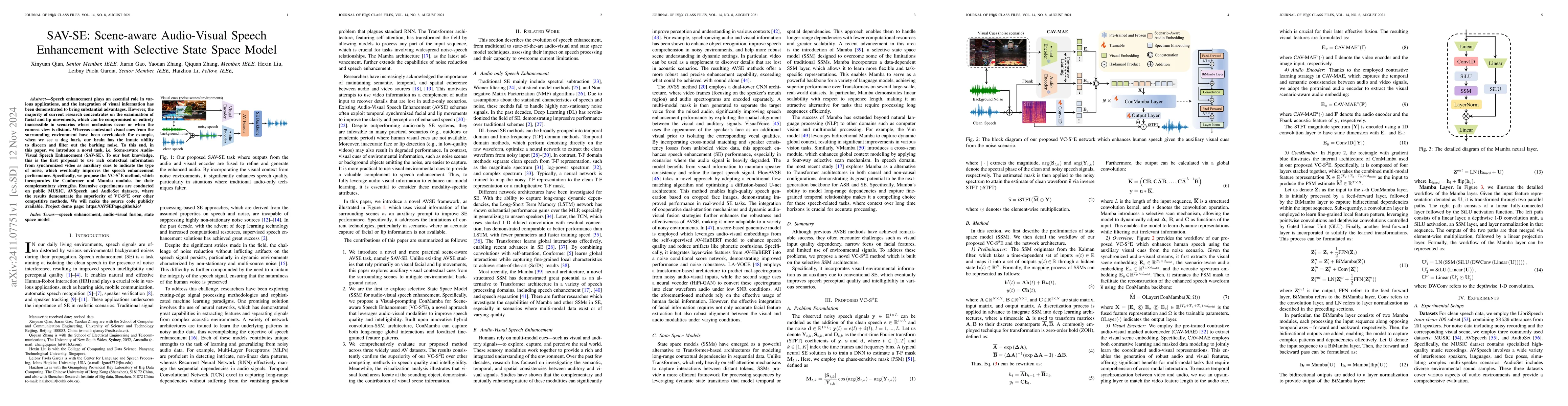 Thumbnail for SAV-SE: Scene-aware Audio-Visual Speech Enhancement with Selective State
  Space Model
