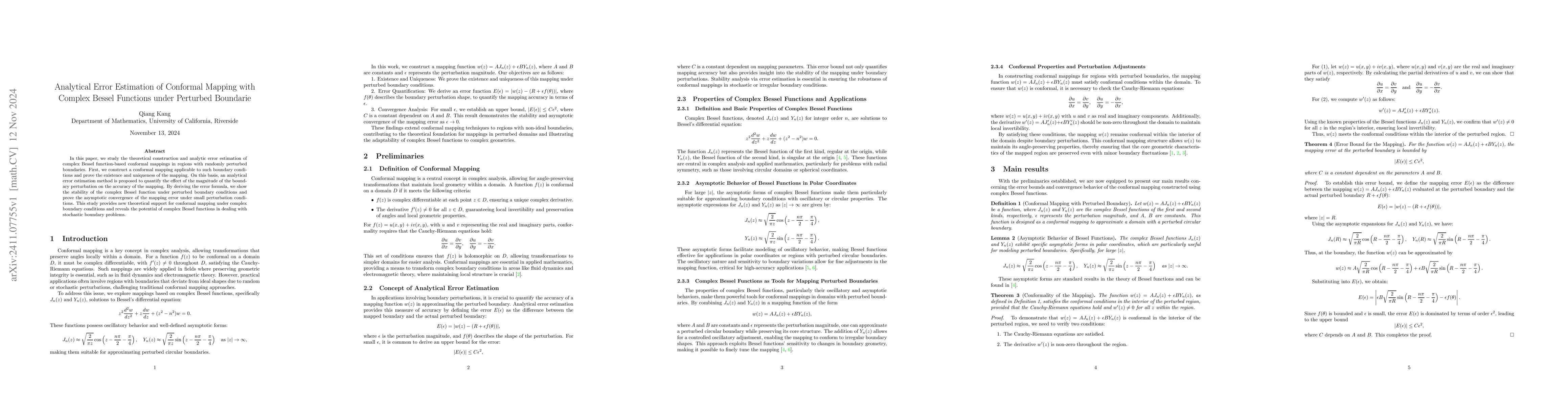 Thumbnail for Analytical Error Estimation of Conformal Mappings Using Complex Bessel
  Functions under Perturbed Boundaries