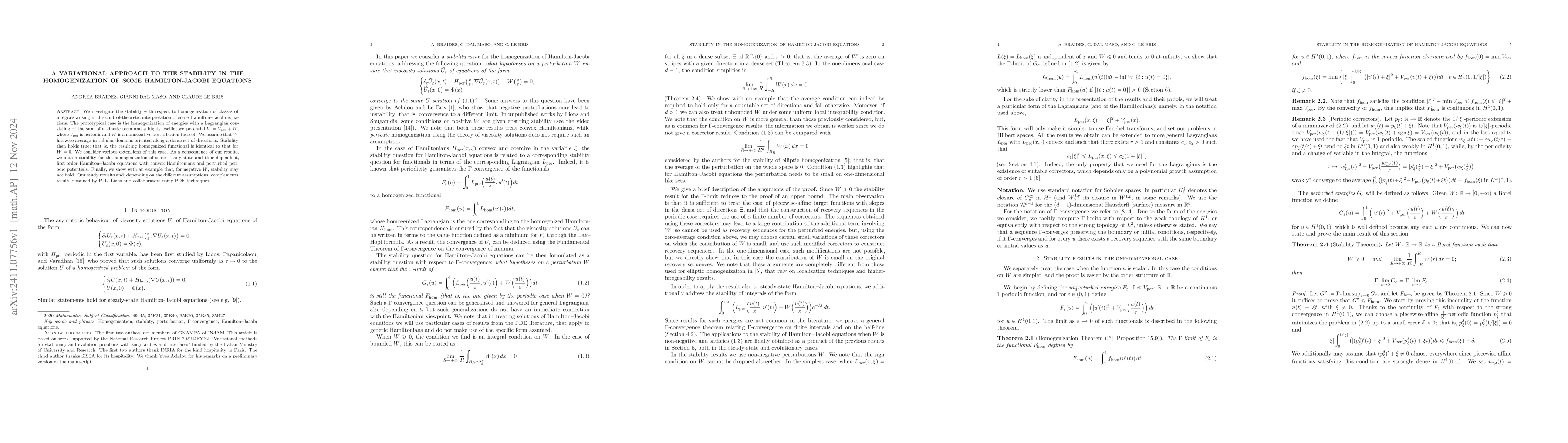 Thumbnail for A variational approach to the stability in the homogenization of some
  Hamilton-Jacobi equations