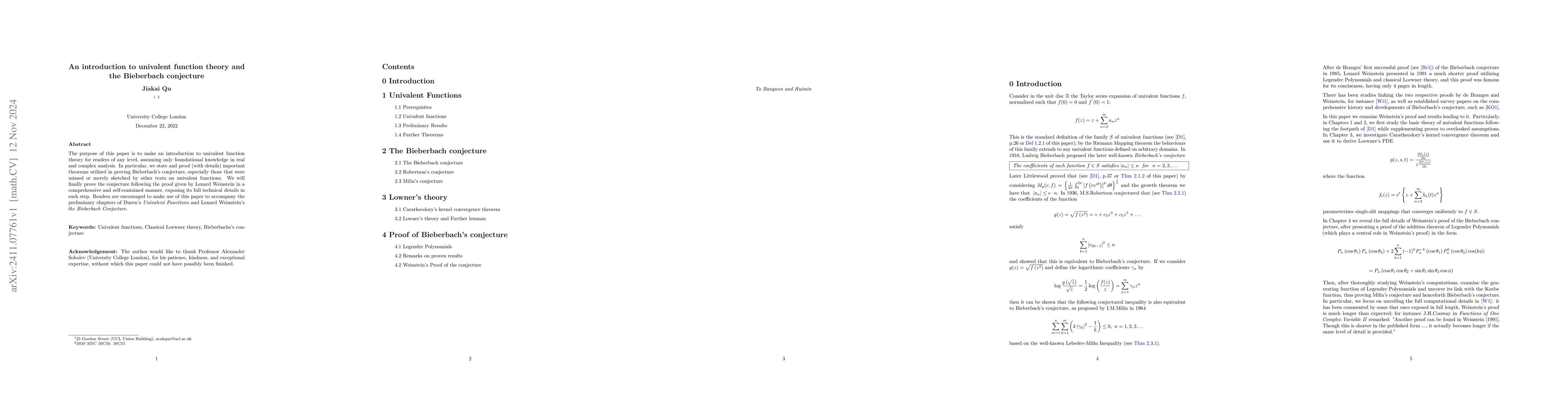 Thumbnail for An introduction to univalent function theory and the Bieberbach
  conjecture