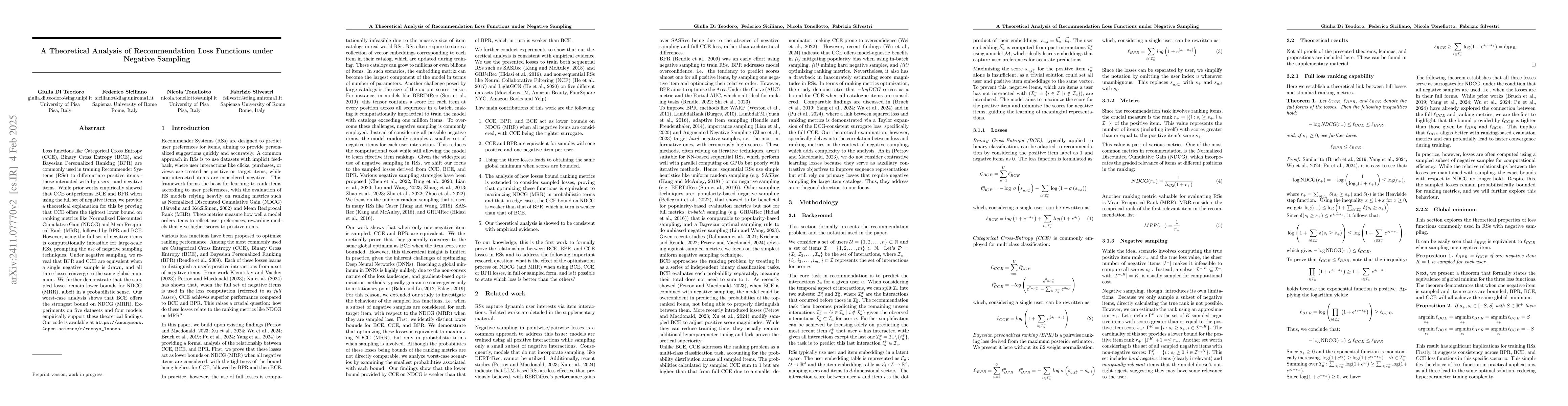 Thumbnail for A Theoretical Analysis of Recommendation Loss Functions under Negative
  Sampling