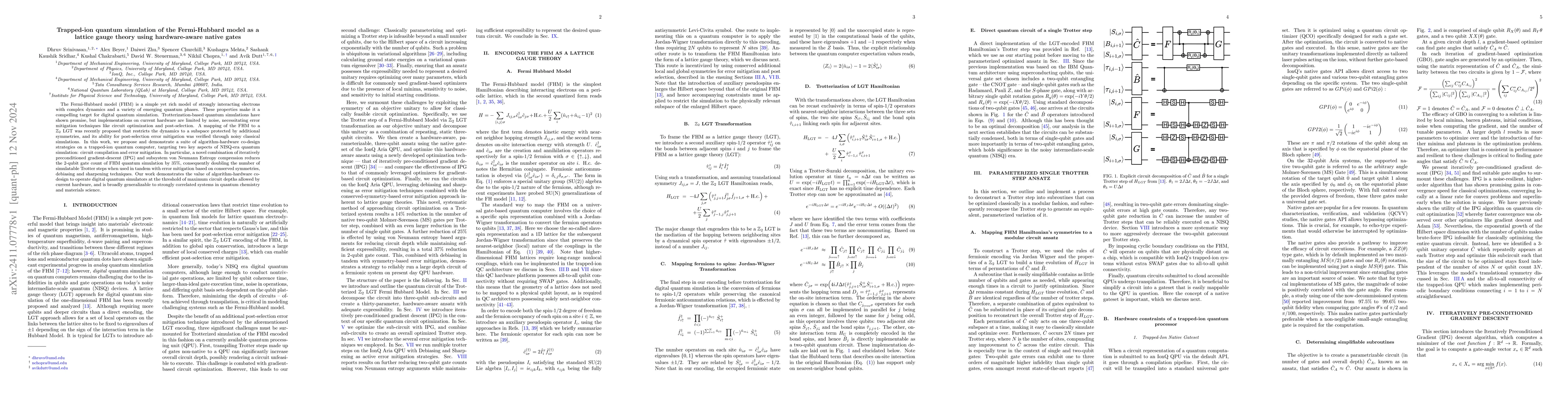 Thumbnail for Trapped-ion quantum simulation of the Fermi-Hubbard model as a lattice
  gauge theory using hardware-aware native gates