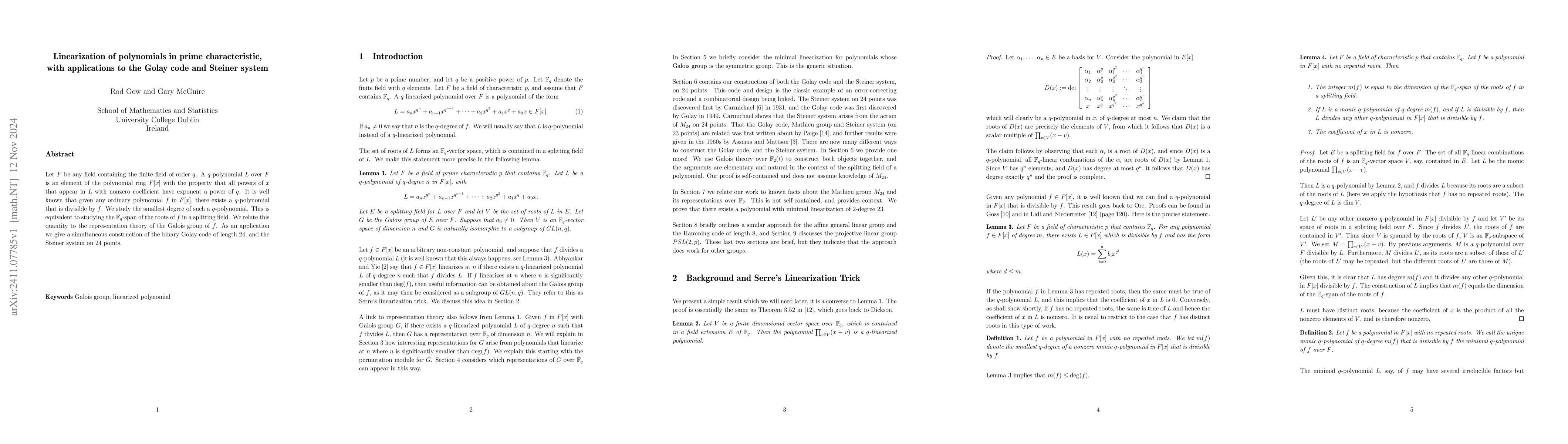 Thumbnail for Linearization of polynomials in prime characteristic, with applications
  to the Golay code and Steiner system
