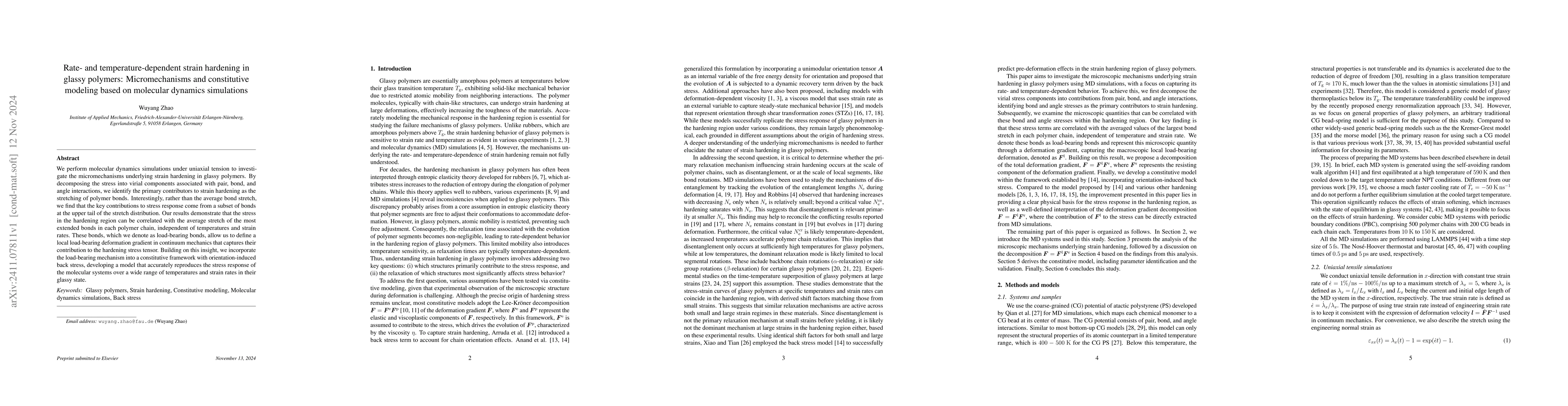Thumbnail for Rate- and temperature-dependent strain hardening in glassy polymers:
  Micromechanisms and constitutive modeling based on molecular dynamics
  simulations