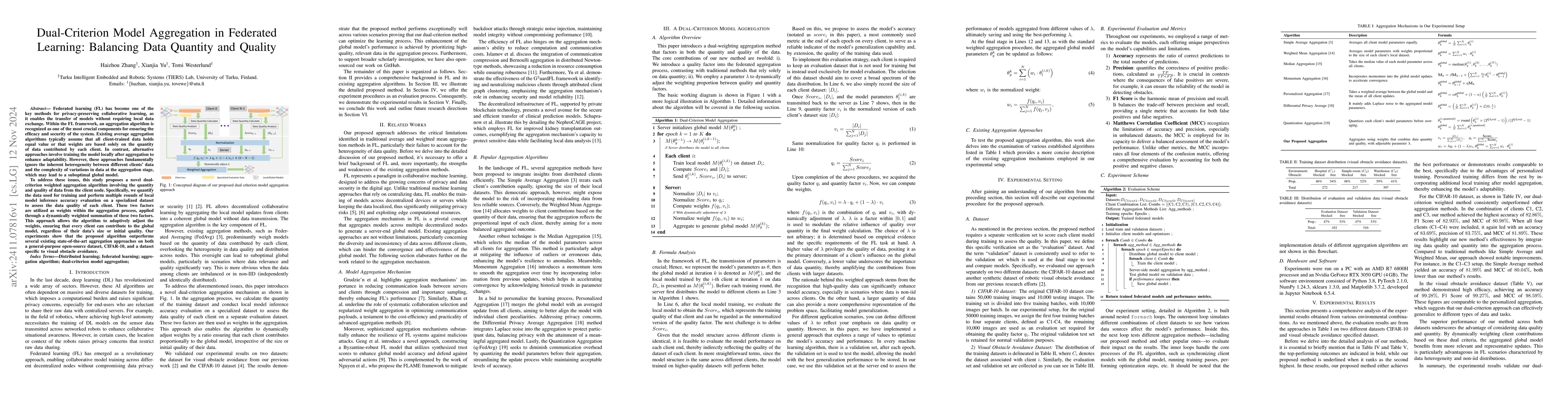 Thumbnail for Dual-Criterion Model Aggregation in Federated Learning: Balancing Data
  Quantity and Quality