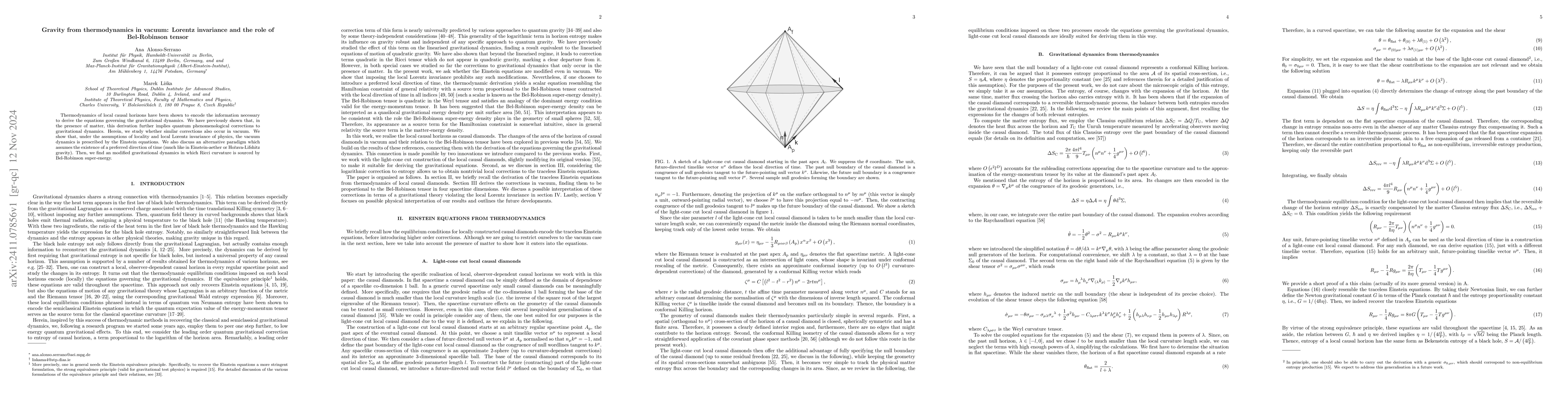 Thumbnail for Gravity from thermodynamics in vacuum: Lorentz invariance and the role
  of Bel-Robinson tensor