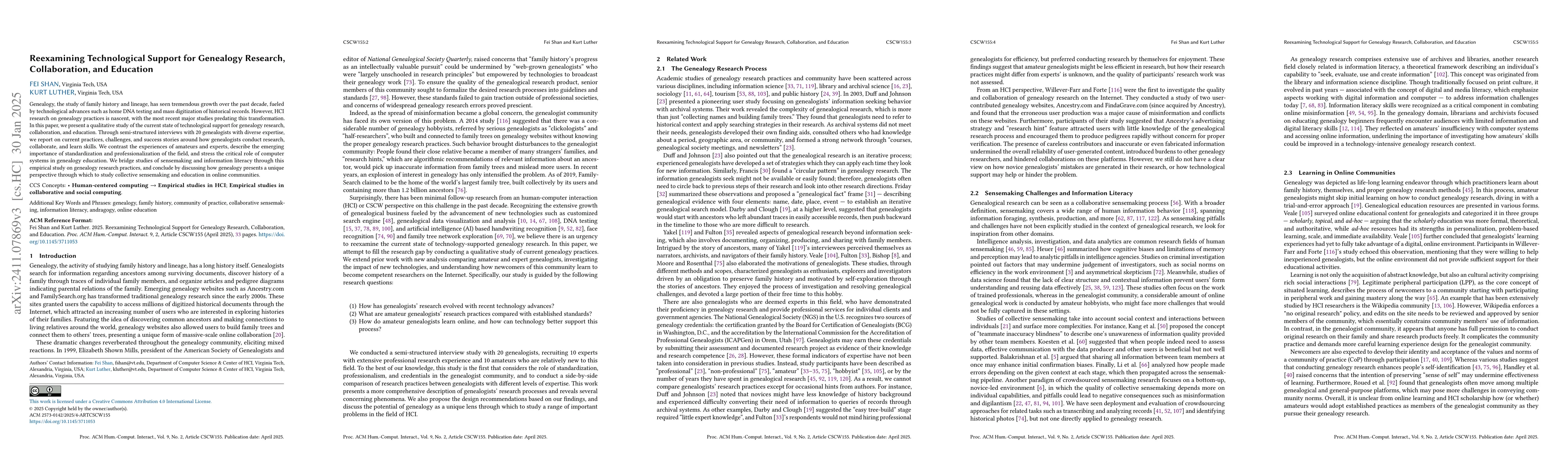 Thumbnail for Reexamining Technological Support for Genealogy Research, Collaboration,
  and Education