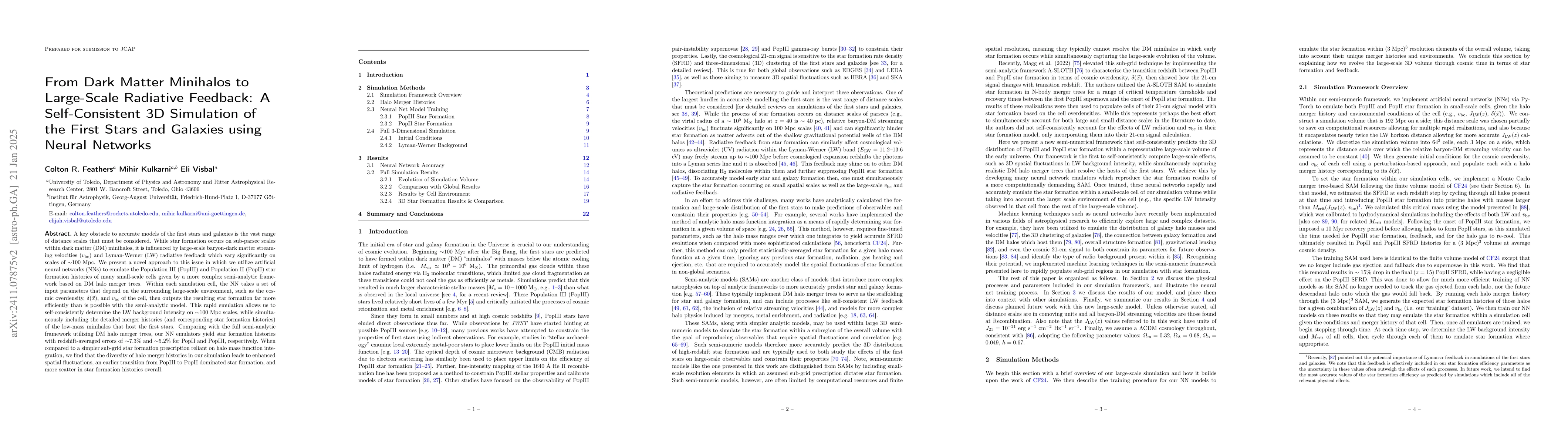 Thumbnail for From Dark Matter Minihalos to Large-Scale Radiative Feedback: A
  Self-Consistent 3D Simulation of the First Stars and Galaxies using Neural
  Networks