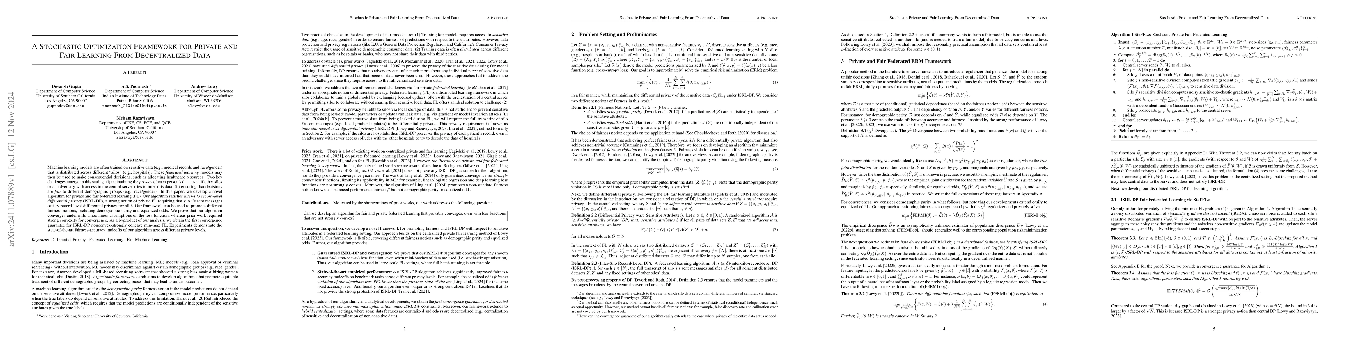 Thumbnail for A Stochastic Optimization Framework for Private and Fair Learning From
  Decentralized Data