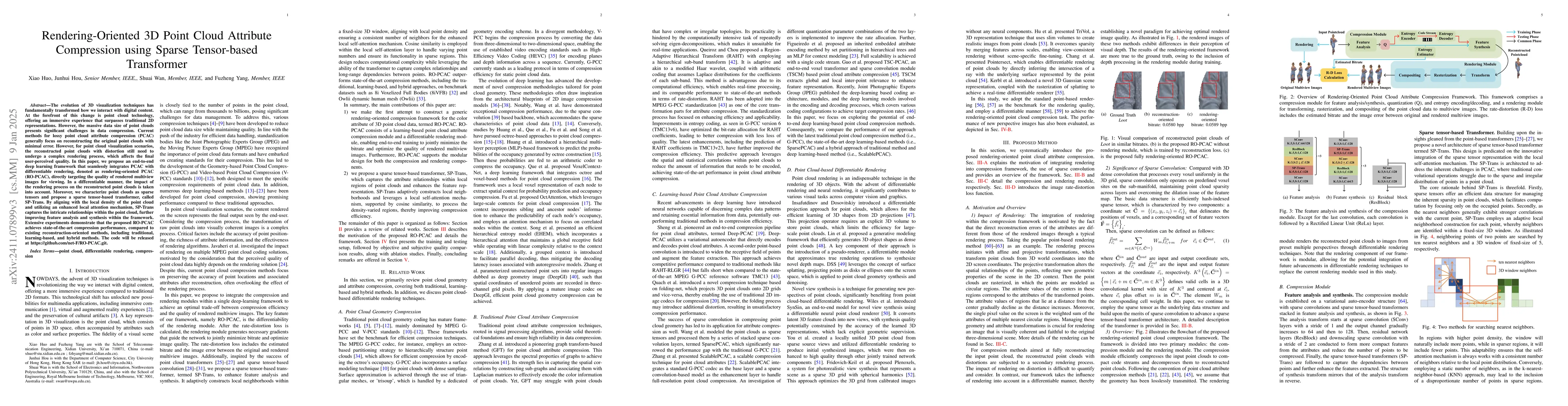 Thumbnail for Rendering-Oriented 3D Point Cloud Attribute Compression using Sparse
  Tensor-based Transformer