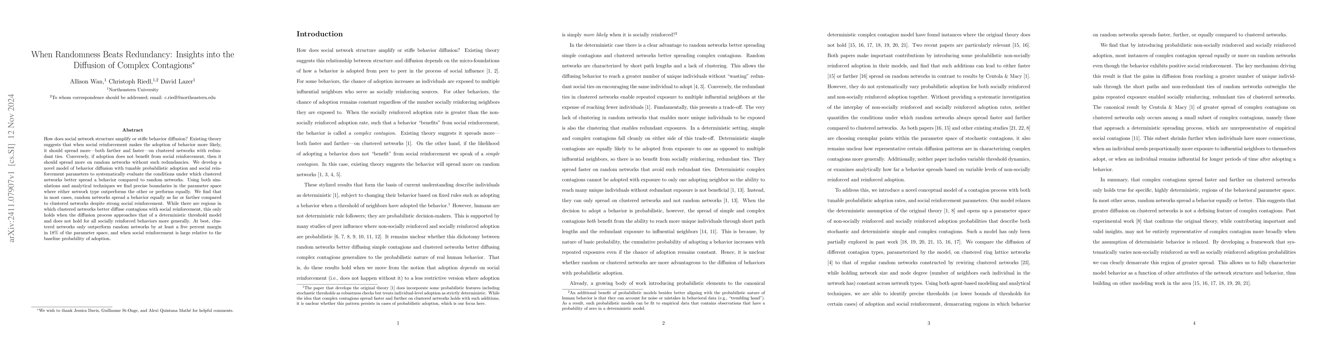 Thumbnail for When Randomness Beats Redundancy: Insights into the Diffusion of Complex
  Contagions