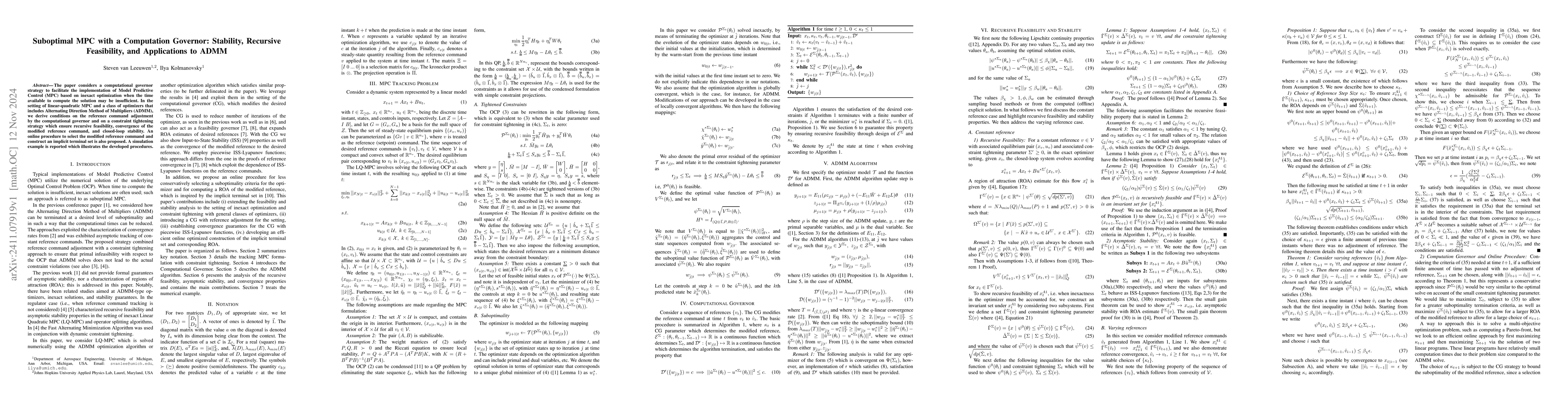 Thumbnail for Suboptimal MPC with a Computation Governor: Stability, Recursive
  Feasibility, and Applications to ADMM