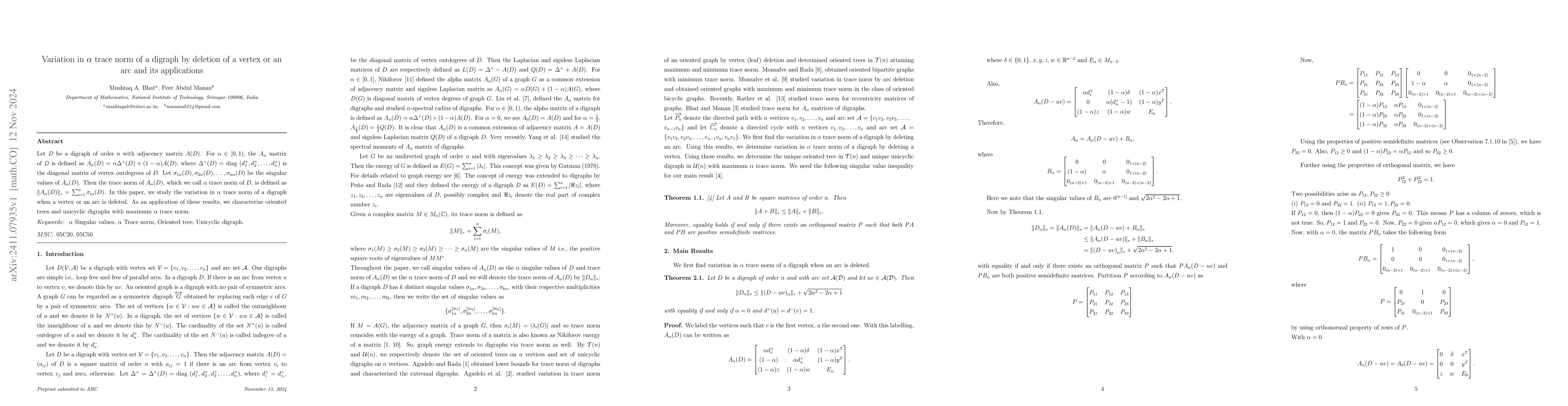 Thumbnail for Variation in $α$ trace norm of a digraph by deletion of a vertex or
  an arc and its applications