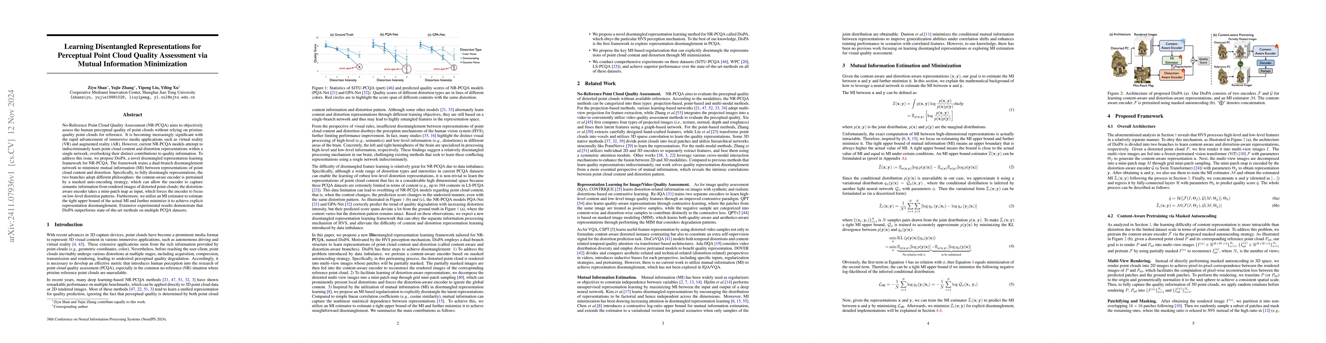 Thumbnail for Learning Disentangled Representations for Perceptual Point Cloud Quality
  Assessment via Mutual Information Minimization