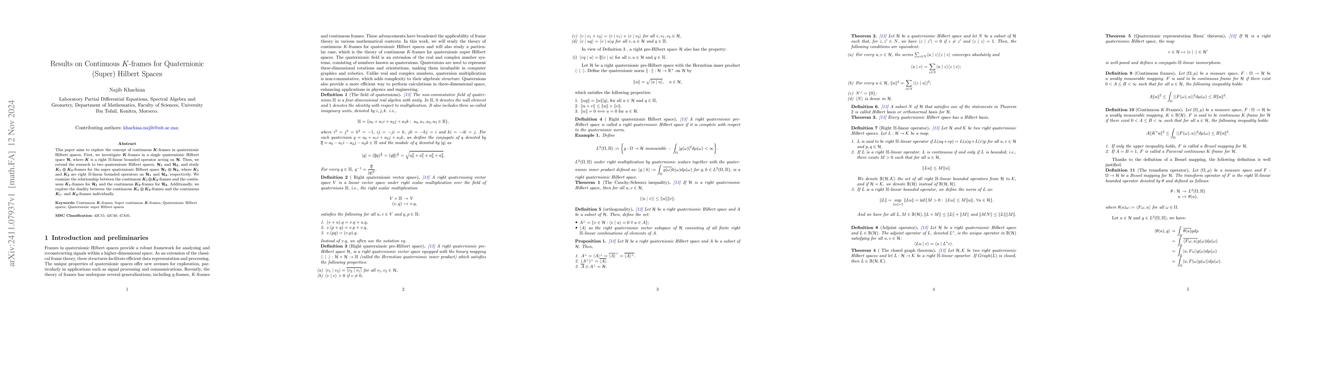Thumbnail for Results on Continuous $K$-frames for Quaternionic (Super) Hilbert Spaces